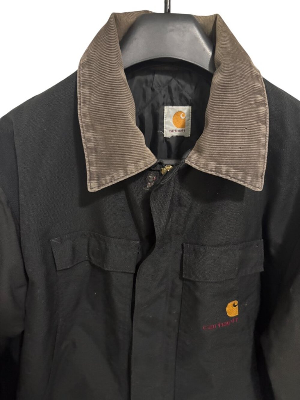 Vintage Carhartt Black Barn Chore Logo Jacket Quilt Lined Brown Cord Trim 2XL - Picture 3 of 8